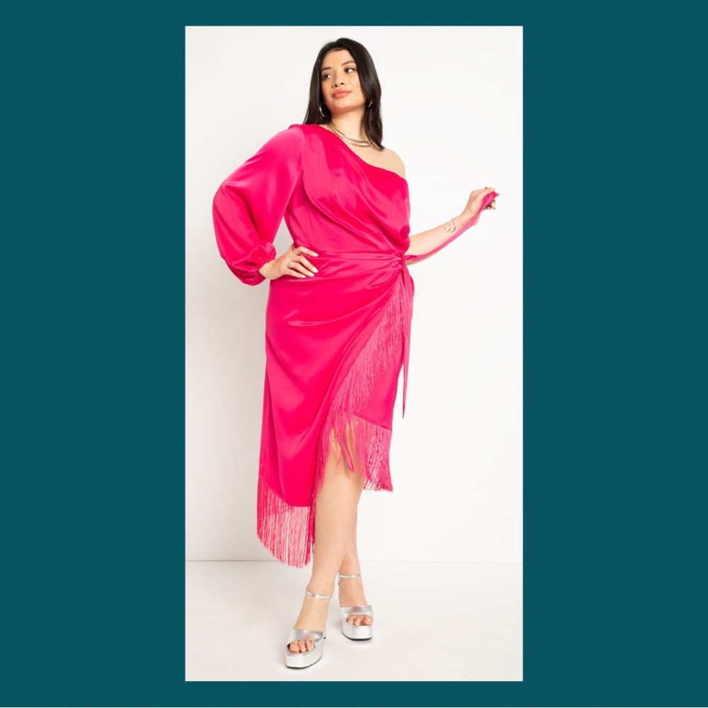 Eloquii Hot Pink One-Shoulder Fringe Cocktail Dress